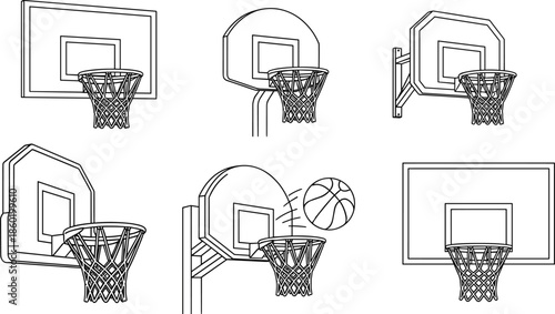 Basketball hoop vector icon set with backboard and net illustrations, sports court equipment collection for game design, training graphics, posters, and branding use