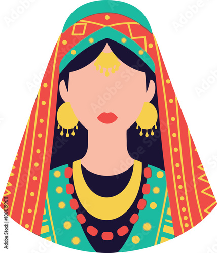 Colorful Indian Woman Portrait in Traditional Ethnic Dress and Jewelry Vector Illustration