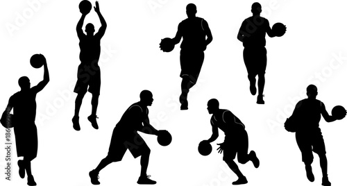 Basketball player silhouettes set, dynamic dribbling shooting poses, sport action vector illustration, isolated athletes collection for training, game, street style