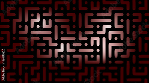 Red futuristic digital labyrinth pattern background for hacking and data encryption theme.
