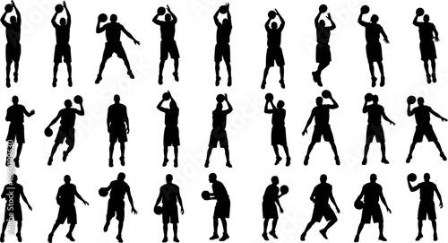 Basketball player silhouettes set, multiple athletic action poses with ball, shooting dribbling and jumping movements, black vector illustration collection for sports, training, design