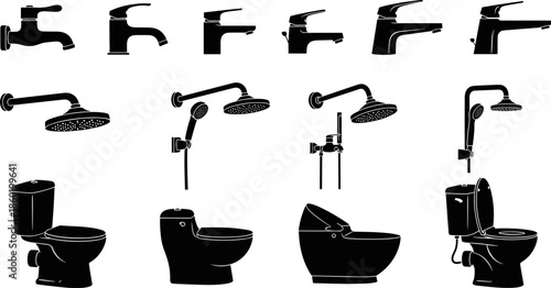 Bathroom fixtures silhouettes collection, faucets showers and toilet designs, black vector illustration set for plumbing, sanitation, interior design, renovation, icons, home equipment