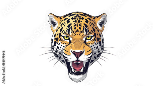 Closeup head portrait of a snarling jaguar with spotted coat in jungle habitat.