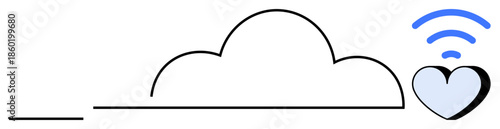 Cloud storage, online networking, digital love, technology communication, wireless data, innovation concepts. Minimalist cloud with a connected heart and wireless signal. Cloud storage and online