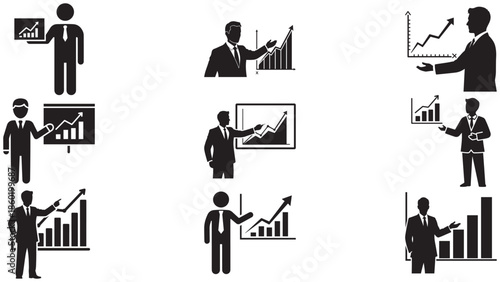Vector set of simple financial advisor silhouettes with data charts for business consulting investment planning and economic performance analysis