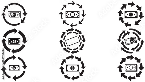 Vector set of minimal circle arrow icons around banknotes for recurring payments automated subscriptions and monthly billing cycles isolated on white background