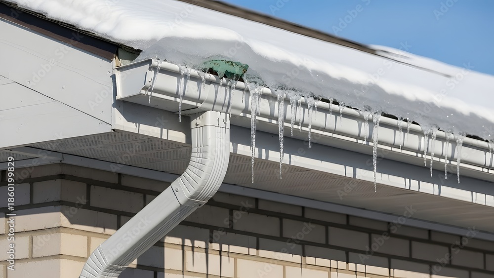 Fototapeta premium White house gutter with icicles hanging from snow covered roof edge and downspout