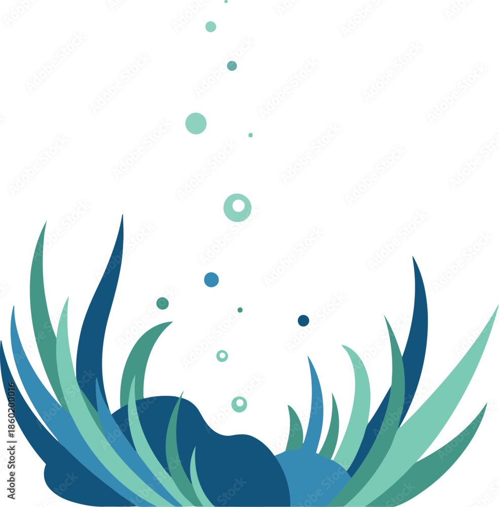 Obraz premium Abstract Underwater Plant Illustration with Bubbles in Blue and Green Minimalist Style