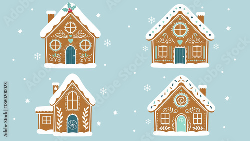 Charming gingerbread houses with intricate frosting details, set against a gentle snowfall, capturing the cozy essence of the winter holiday season