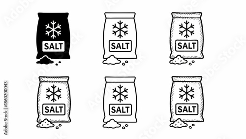 Set of Black and White Line Art Icons Featuring Bags of De-icing Salt with Snowflake Symbol, Perfect for Winter Road Maintenance and Cold Weather Safety Applications