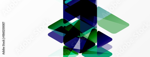 Abstract geometric shapes overlap, creating layered composition. Greens, blues dominate white background. Modern design elements present.