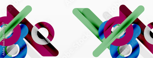 Abstract geometric shapes, vibrant colors, cylindrical forms, overlapping elements. Minimalist design, modern aesthetic, clean lines, bright composition.