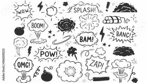 Collection of comic book style sound effect doodles and action words for graphic design
