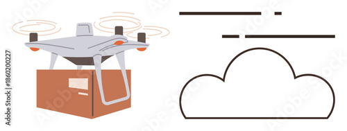 quadcopter carrying package with cloud icon representing data exchange and automation. Ideal for logistics, shipping, delivery, e-commerce, technology, networking, innovation, simple flat metaphor