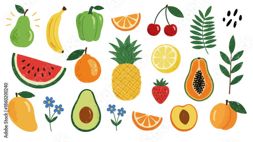 A vibrant collection of fresh, ripe fruits and botanical elements, perfect for culinary and healthy living themes