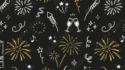 Festive Celebration Background with Fireworks, Champagne Glasses, and Musical Notes