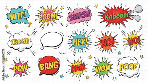 Comic Book Speech Bubbles with Onomatopoeia and Sound Effects