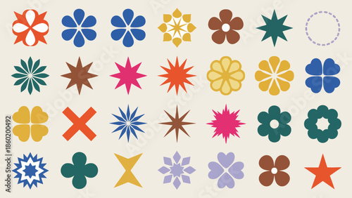 Retro Starburst and Flower Shape Vector Icons