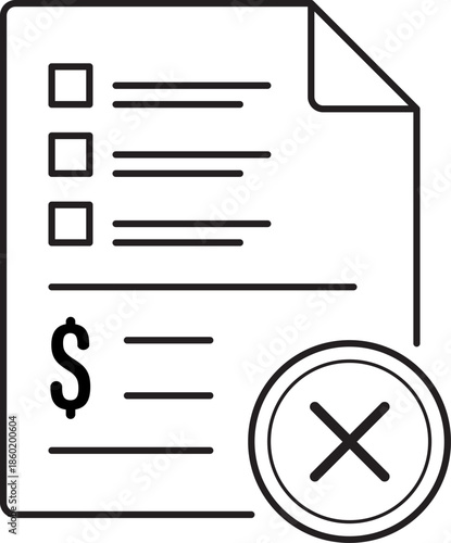 Minimalist black and white line icon of an invoice document with a rejection cross symbol, clean monoline vector style, financial status update for UI, dashboards, and business workflow.