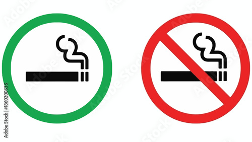 Round green and red signs indicating permitted and prohibited smoking areas, with symbols of lit cigarettes