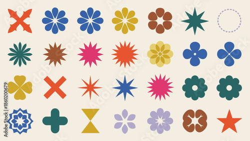 Vibrant collection of retro geometric and organic abstract shapes, perfect for modern design elements, patterns, and creative projects with a minimalist aesthetic