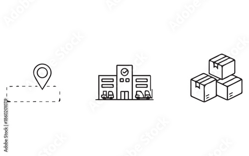 Logistics and delivery concept with location marker, warehouse, and packages