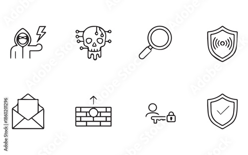 Cybersecurity icons set with threat and protection symbols