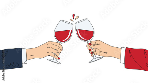 Two hands clinking glasses of red wine in a toast
