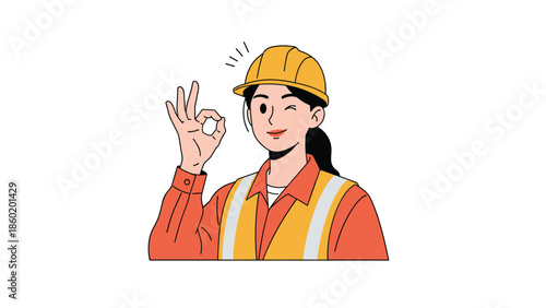 Female construction worker in hard hat making ok hand gesture