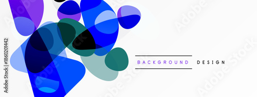 Abstract overlapping circles, blue hues dominate. Minimalist design with transparent shapes, creating dynamic visual effect.