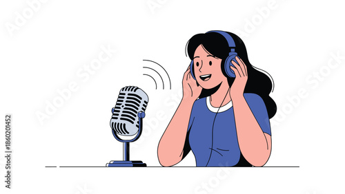 Young woman with headphones recording a podcast with a microphone