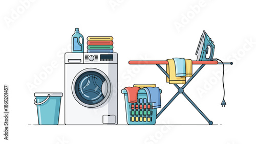 Washing machine and ironing board with laundry equipment