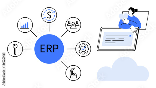 ERP system. ERP workflow with financial management, user management, analytics, and cloud integration. ERP aiding productivity and data-driven decision-making. For business, technology, software