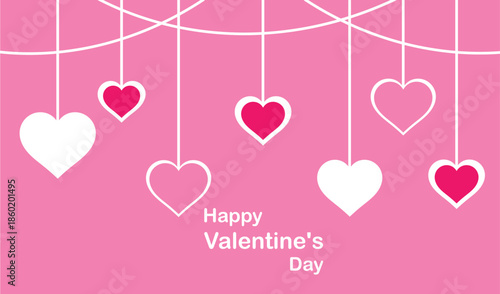 Valentine greeting background with hanging hearts. Romantic pink heart garland design with love elements. Happy valentines day card for celebration, banner and social media