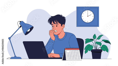 Stressed man working on laptop at desk with calendar and clock