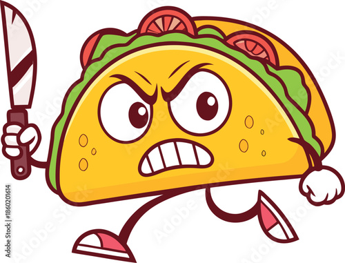 Angry taco cartoon character holding knife with determined expression