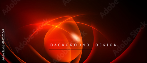 Abstract red design features glowing curves, lines. Dark background enhances vibrant central element, text reads background design.
