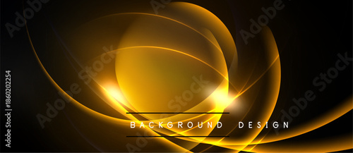 Golden swirls illuminate dark background. Smooth curves create dynamic, flowing visual effect. Text reads background design.