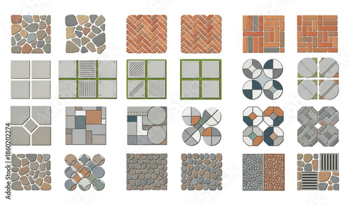 Landscape pavement pattern vector set with garden walkway and park ground design elements isolated on white background