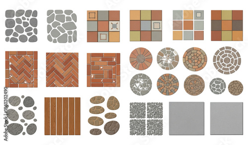 Outdoor pavement and walkway landscape vector elements with decorative ground patterns isolated on white background