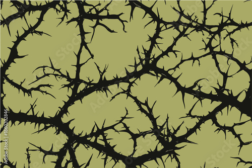 A seamless pattern of thorny vines, their leaves and branches rendered in bold black lines on an olive green background.