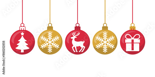 Christmas ornaments hanging on white background