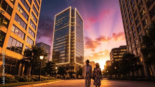 Vibrant urban sunset scene showcasing modern architecture and strolling city dwellers at twilight