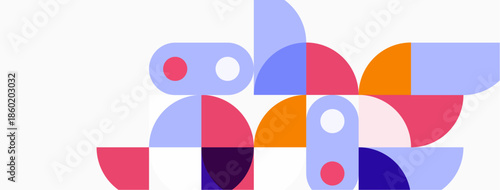 Abstract geometric shapes overlap, creating colorful composition. Circles, semicircles, rectangles form playful pattern. Soft pastel tones dominate design.