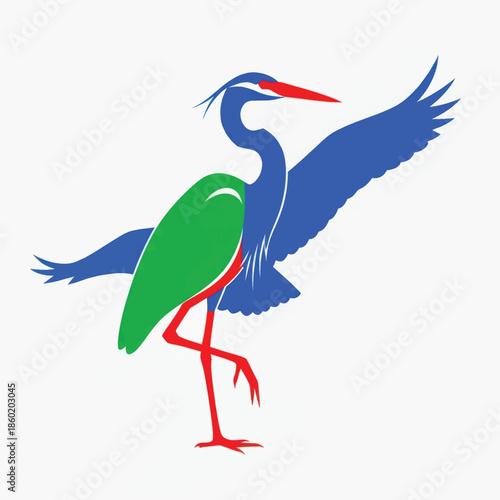 Stylized blue and green bird illustration with red beak and long red legs.