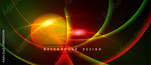 Abstract vibrant design features flowing curves, bright colors. Red, green, orange hues create dynamic visual effect. Text reads background design.