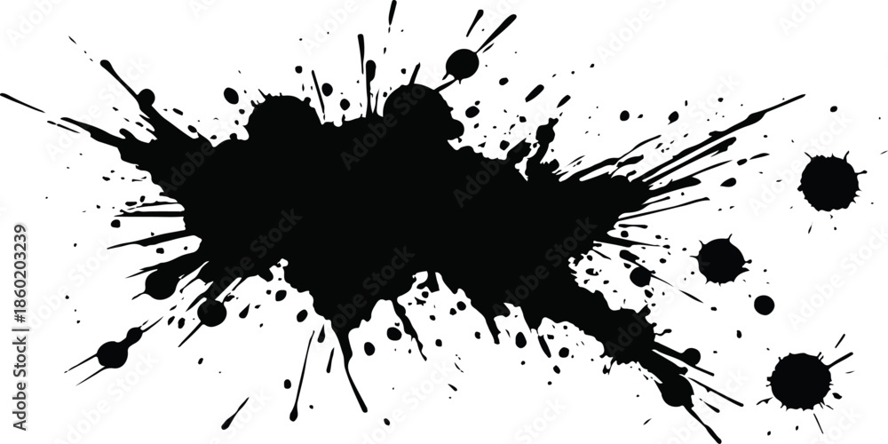 Obraz premium Grungy black ink splat and liquid paint blots create a dirty spray texture with artistic splatter drips and graffiti brush stains on a vector illustration background element