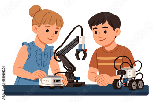 Curious students experiencing robotic coding and engineering while meeting the technology of the future at an early age.