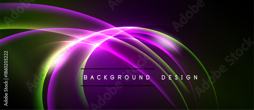 Abstract vibrant curves create dynamic background. Purple, green hues blend seamlessly, forming modern design element. Text reads background design.