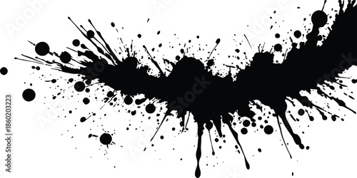 Grunge black ink splat and splash vector illustration featuring a dirty paint texture with artistic spray drips and liquid stains on a clean background element